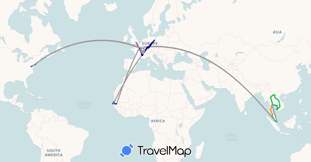 TravelMap itinerary: driving, bus, plane, train, hiking, boat, hitchhiking in Germany, France, United Kingdom, Cambodia, Laos, Malaysia, Singapore, Senegal, Thailand, United States (Africa, Asia, Europe, North America)
